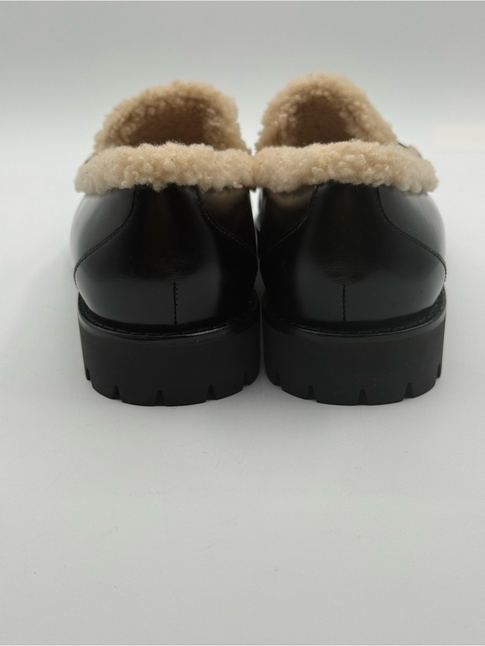 PAIGE Ellis Penny Loafers Black Leather Shearling Lined Lug Sole Slip-On Shoes - Picture 7 of 16
